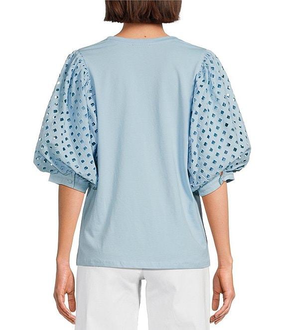 Gibson & Latimer Knit Contrast Eyelet Crew Neck Short 3/4 Balloon Sleeve Top Product Image