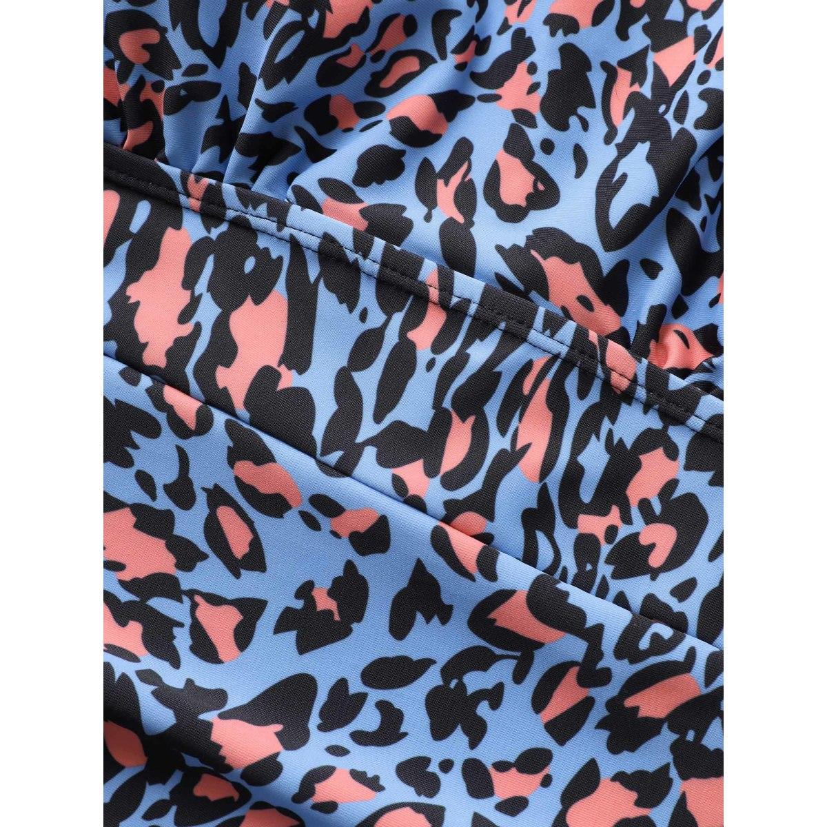 Plus Size Leopard Print Gathered See Through One Piece Swimsuit Women's Swimwear Cerulean Beach Gathered Curve Bathing Suits High stretch One Pieces BloomChic 22-24/3X Product Image