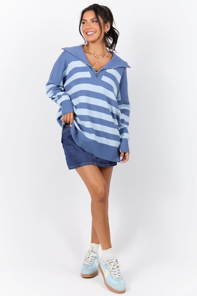 Pulling Heartstrings Navy and Blue Stripe Quarter Zip Pullover FINAL SALE Product Image