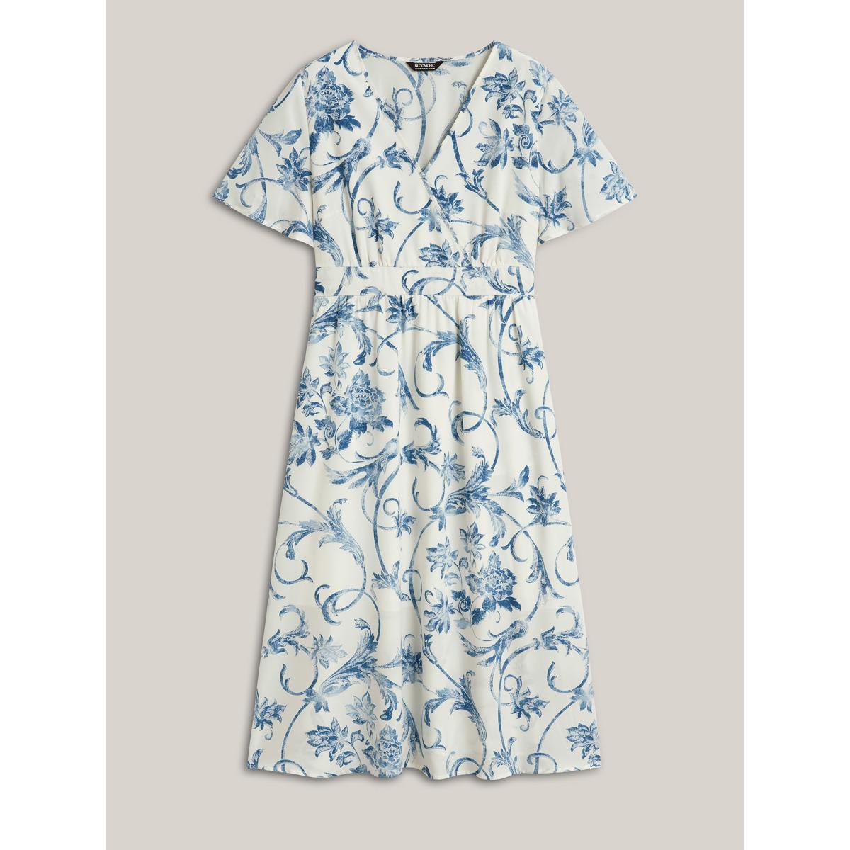 Plus Size Artistic Floral Pattern Surplice Neck Midi Dress Stone Women Overlap Collar Short sleeve Curvy BloomChic 18-20/2X Product Image