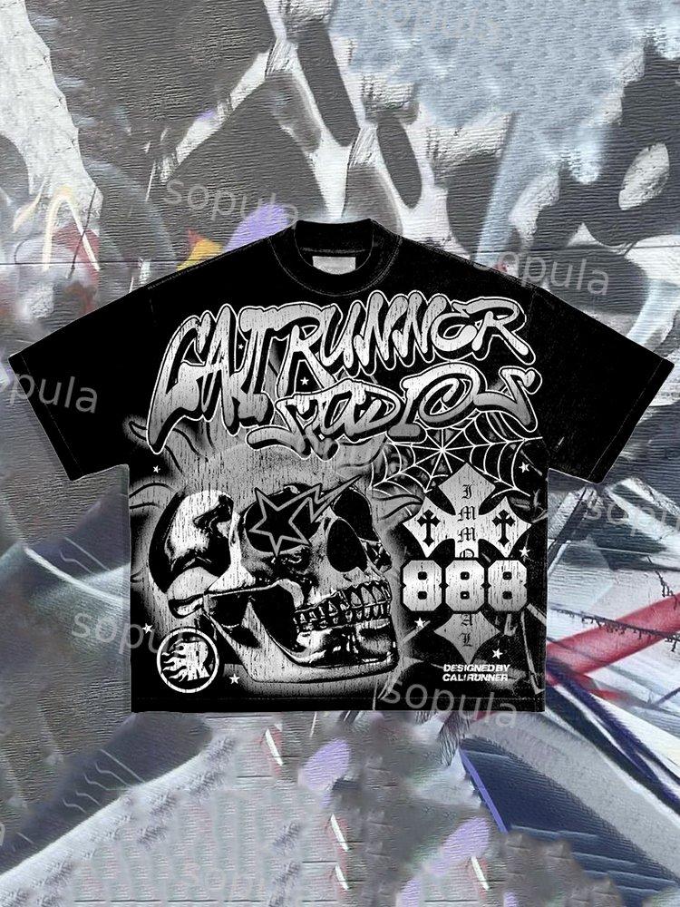 Mens Flame Abstract Skull Graphic Cotton T-Shirt Product Image