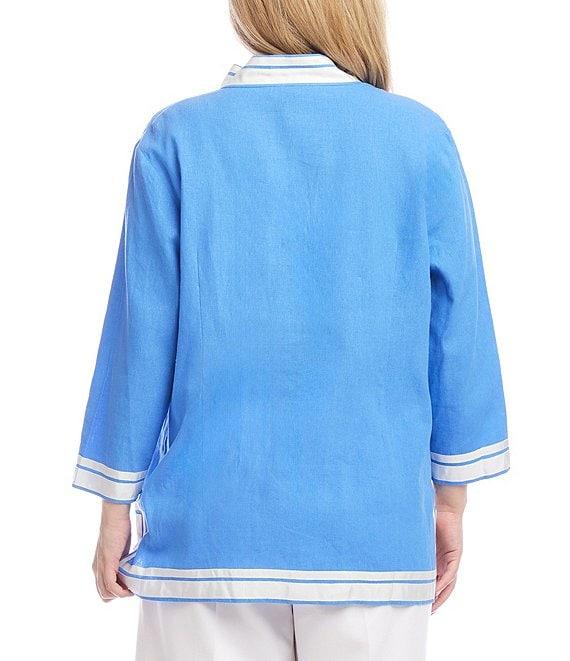 Karen Kane Plus Size St. Tropez Mandarin V-Neck Bracelet Sleeve Contrast Trim Tunic Product Image
