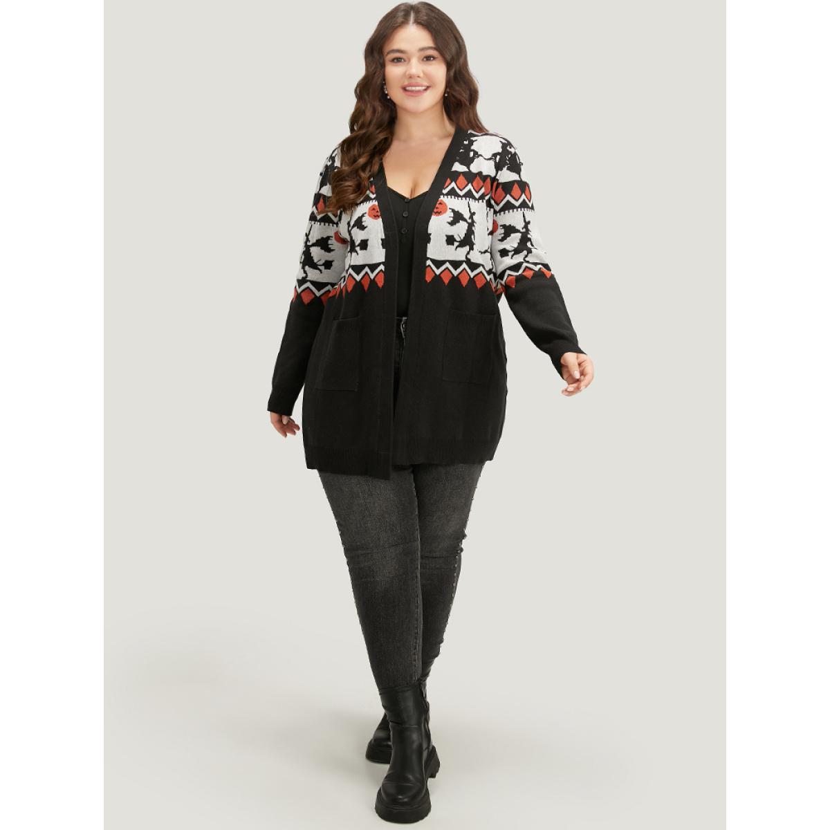 Plus Size Halloween Geo & Witch Print Open Front Cardigan Black Women Casual Loose Long Sleeve Festival-Halloween Cardigans BloomChic 14-16/1X Product Image