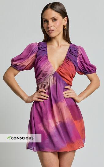 Kennedy Mini Dress - Recycled Polyester V Neck Puff Sleeve Dress in Coral Mirage Print Product Image