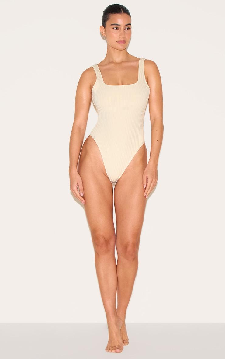 Cream Textured Stripe Scoop Swimsuit Product Image