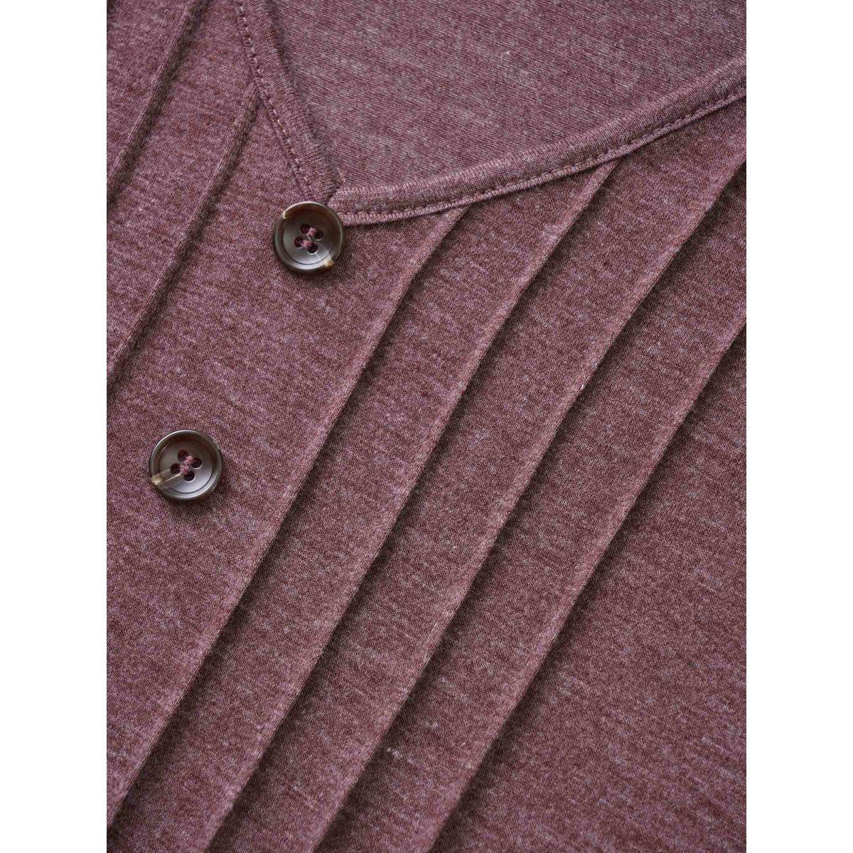 Plus Size Solid Pleated Front Button Detail V Neck T-shirt Mauve Women Casual Button Plain Everyday T-shirts BloomChic 10/M Product Image