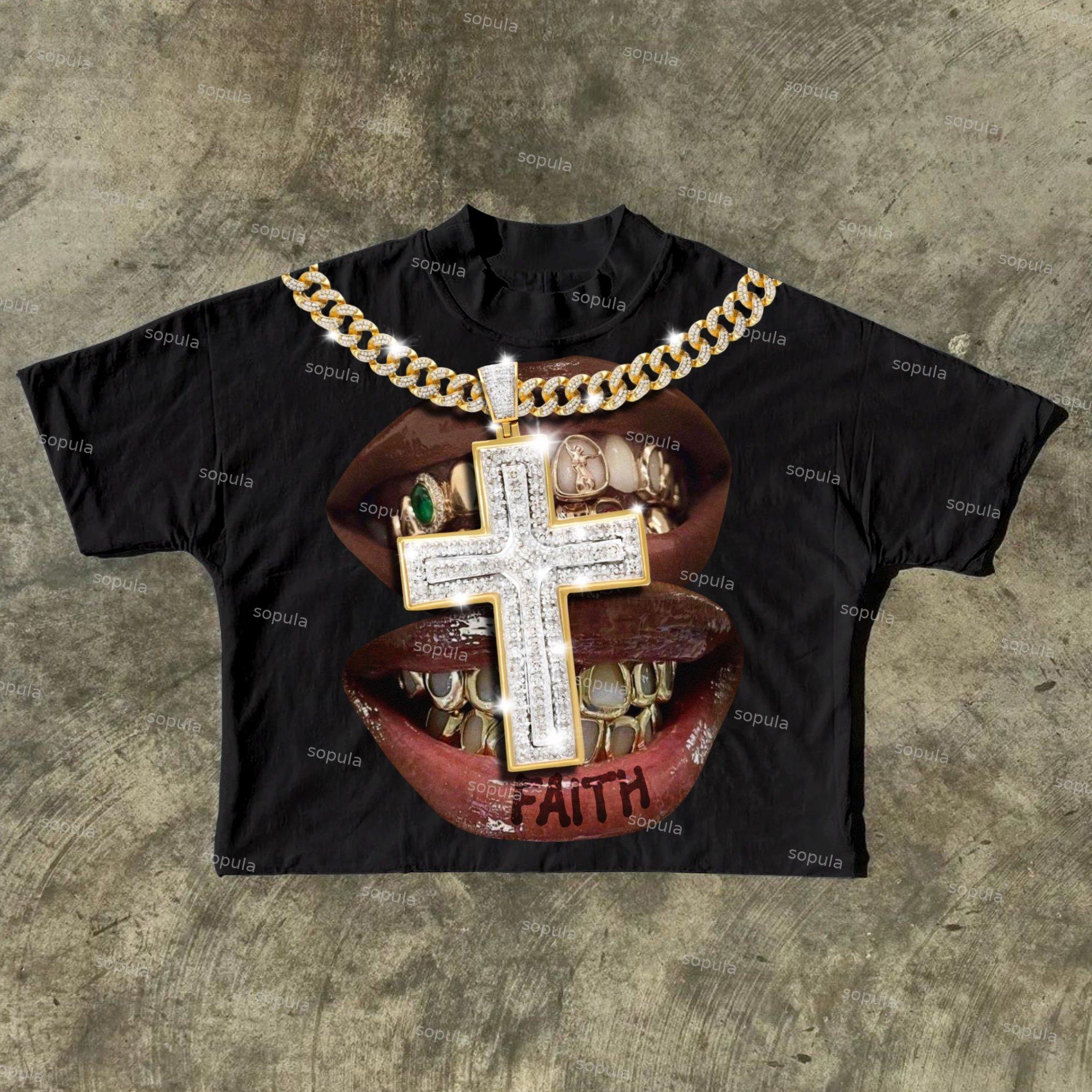 Faith Cross Diamond Necklace Lips Graphic Cotton Short Sleeve Cropped T-Shirts Product Image