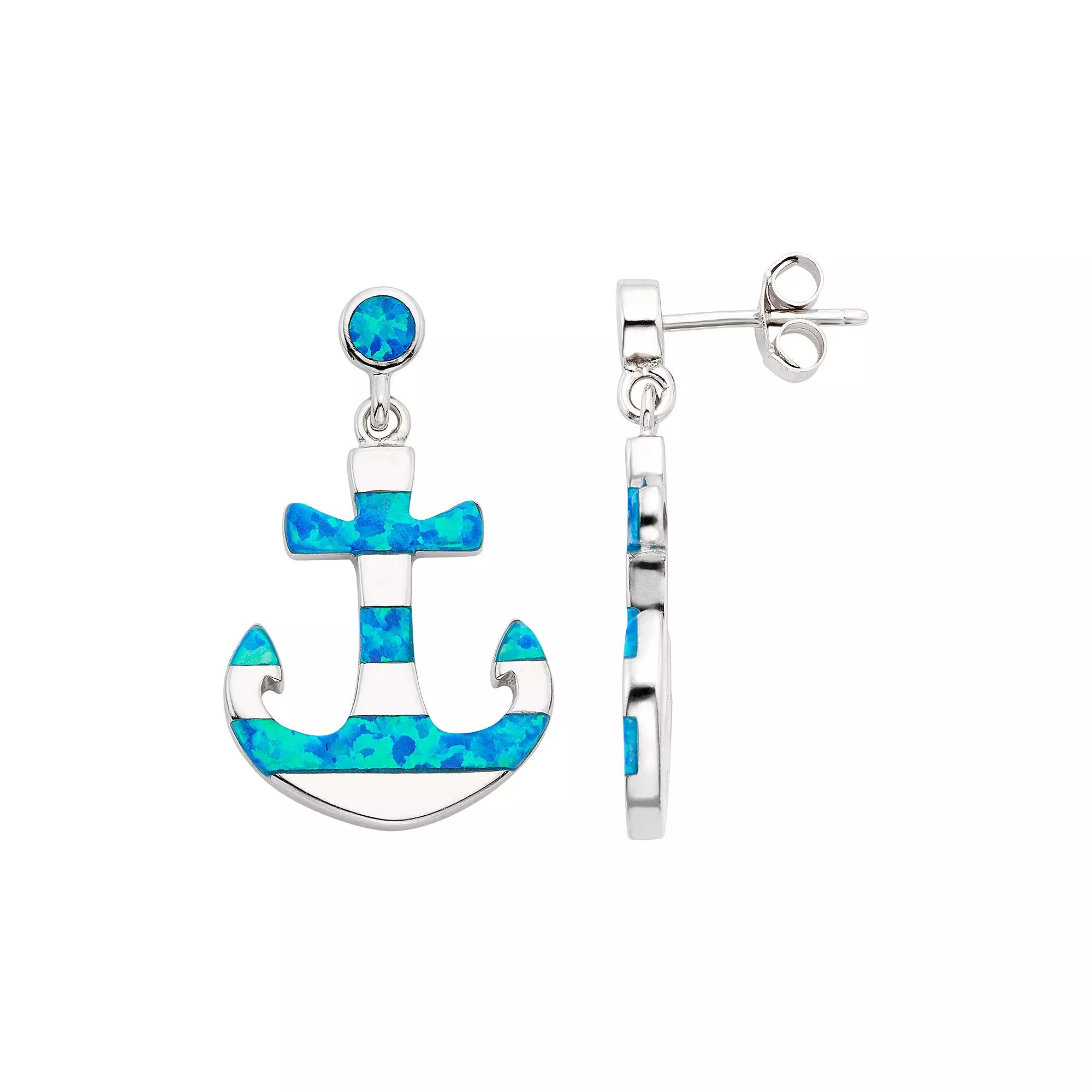 Lab-Created Blue Opal Sterling Silver Anchor Drop Earrings, Women's Product Image