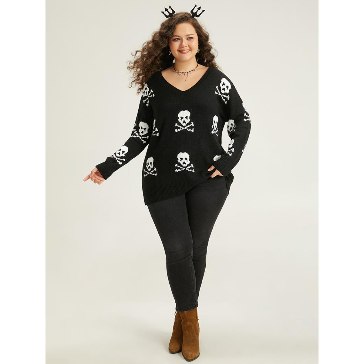 Plus Size Halloween Elastic Cuffs Skull Print Pullover Black Women Casual Loose Long Sleeve V-neck Dailywear Pullovers BloomChic 26/4X Product Image