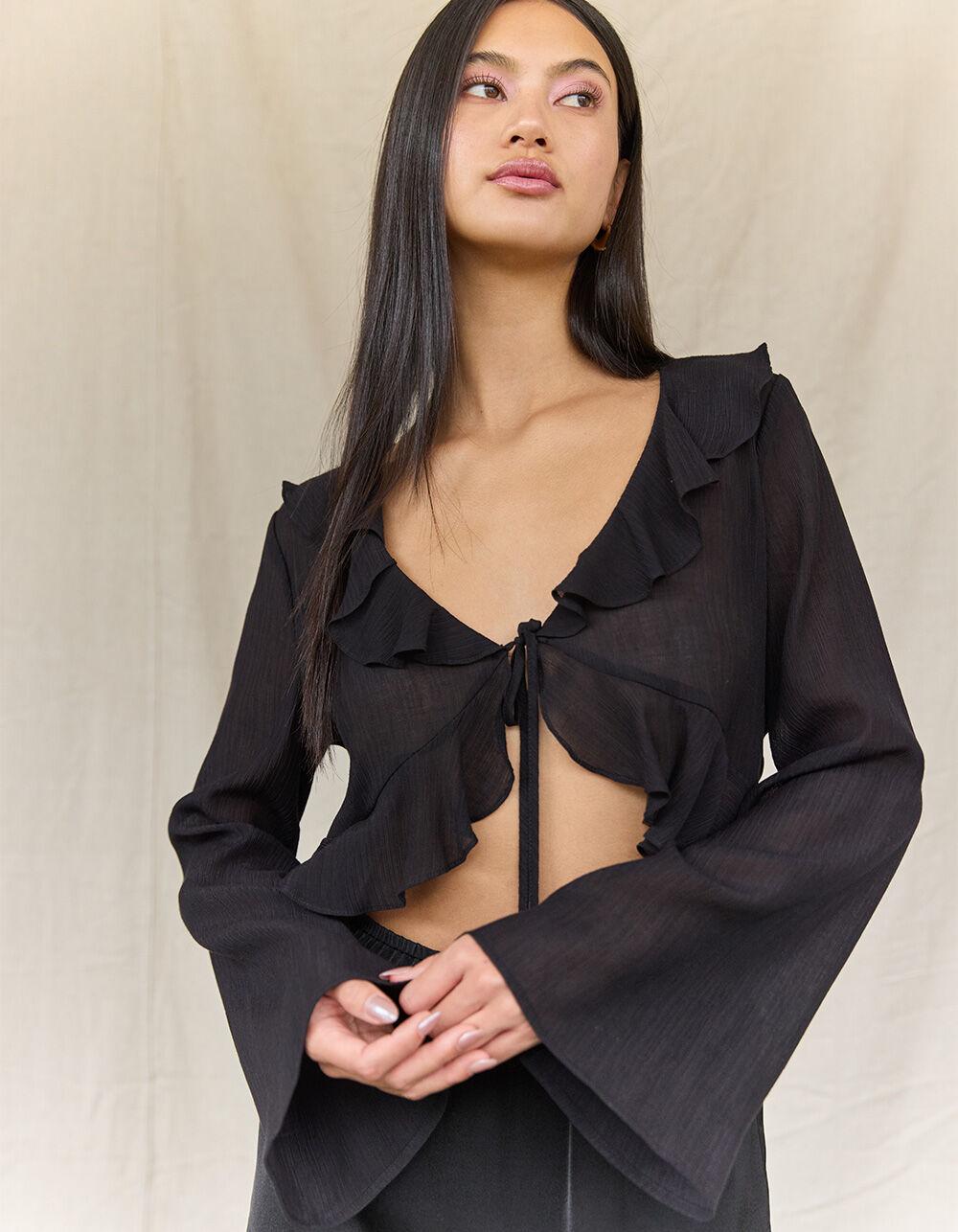 WEST OF MELROSE Sheer Ruffle Womens Long Sleeve Top - BLACK Product Image