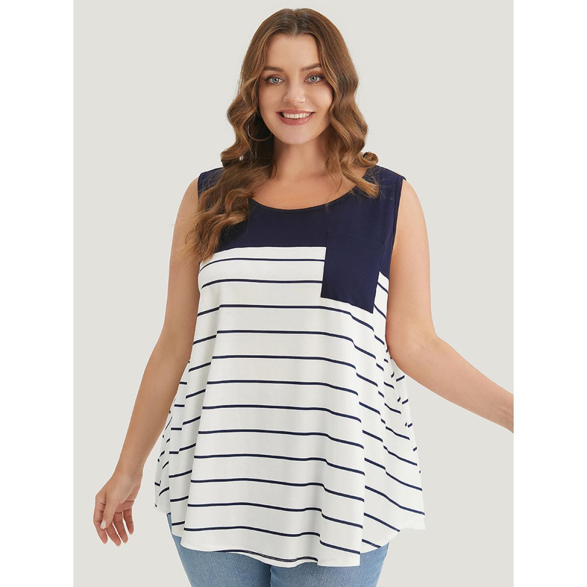 Plus Size Striped Patchwork Pocket Tank Top Women Navy Casual Round Neck Dailywear Tank Tops Camis BloomChic 28/5X Product Image