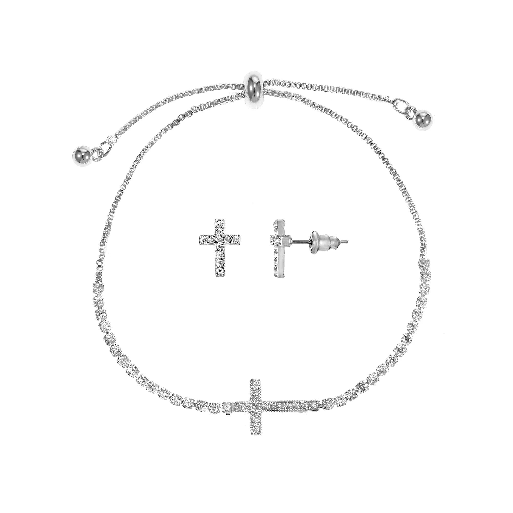Primavera Silver Plated Cubic Zirconia Sideways Cross Adjustable Bracelet & Stud Earring Set, Womens Silver Tone Product Image