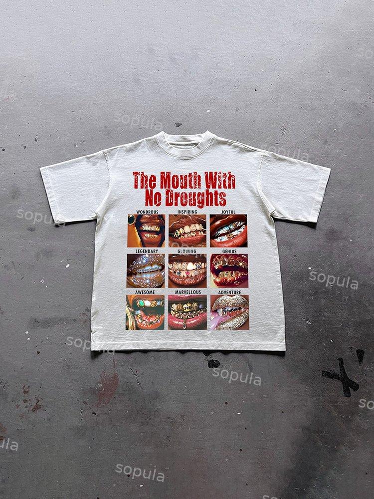 Sopula Casual The Mouth With No Droughts Graphic Print Cotton T-Shirt Product Image