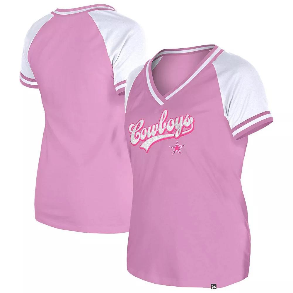 Women's New Era Pink Dallas Cowboys Color Multiplier Raglan V-Neck T-Shirt, Size: Large Product Image