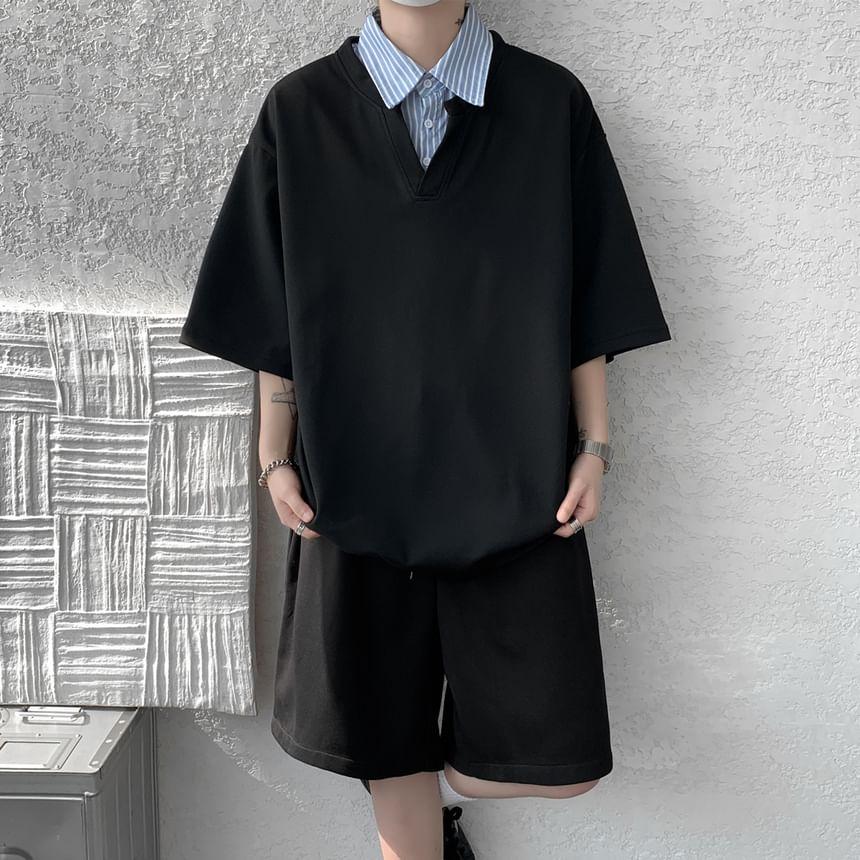 Set: Short Sleeve Collared Striped Mock Two Piece Top + Elastic Waist Plain Sweat Shorts Product Image