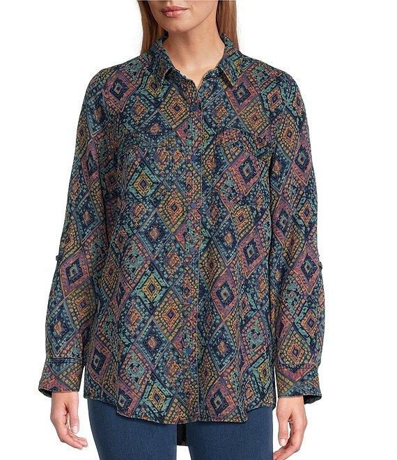 Intro Lyocell Geo Print Collared Long Roll-Tab Sleeve Snap-Front Shirt Product Image