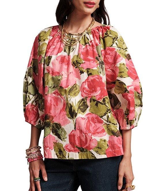 FRANCES VALENTINE Bliss Pretty Peonies Round Neck 3/4 Sleeve Blouse Product Image