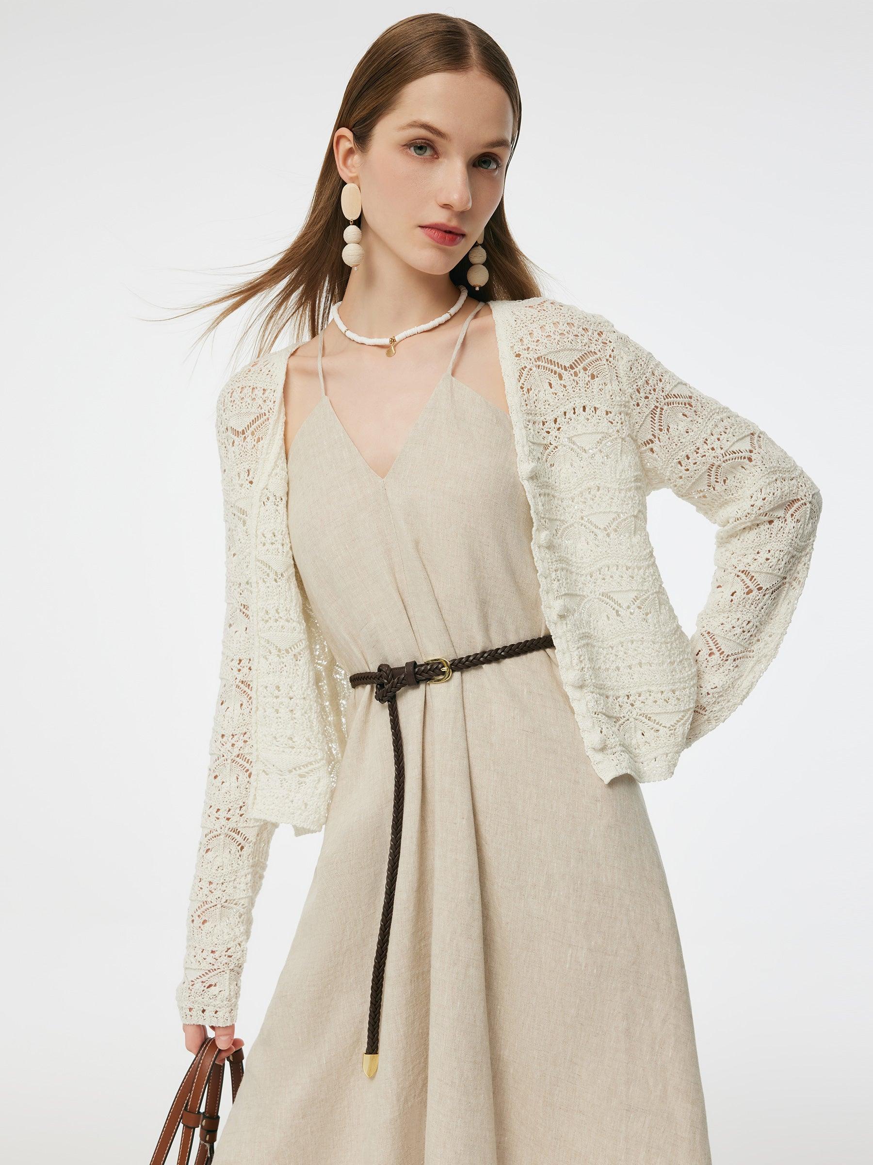 Linen Cotton Blend Women Openwork Cardigan Product Image