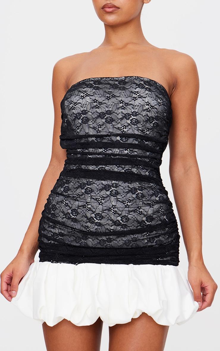 Black Lace Bandeau Puff Hem Mini Dress Product Image