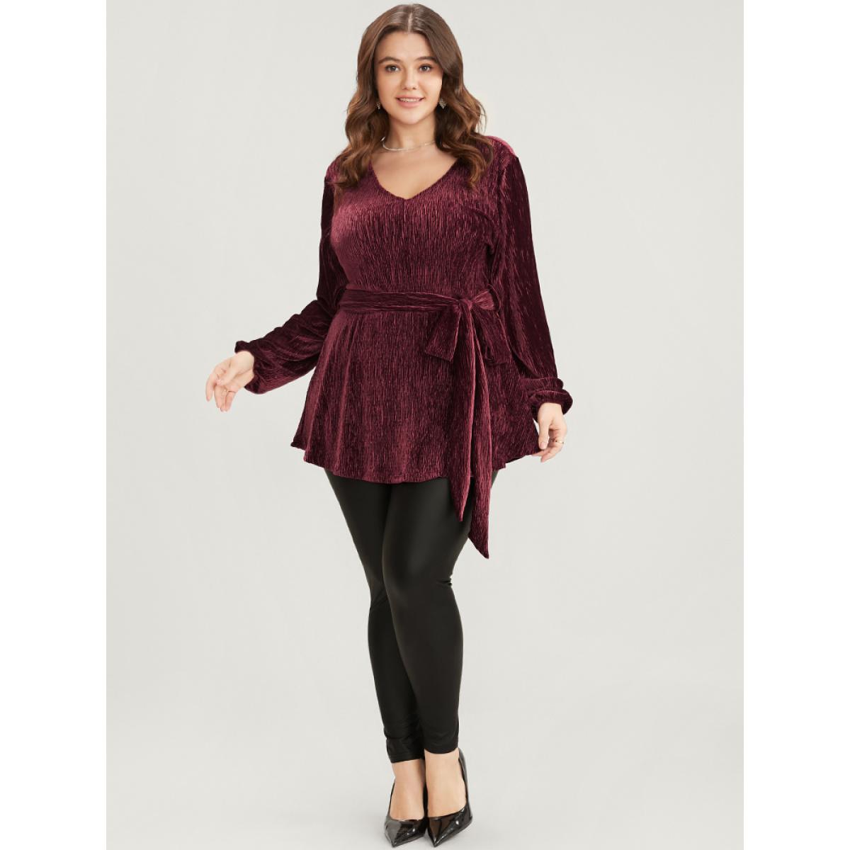 Plus Size Burgundy Glitter Textured Lantern Sleeve Belted Ruffle Blouse Women Party Long Sleeve V-neck Going out Blouses BloomChic 14-16/1X Product Image