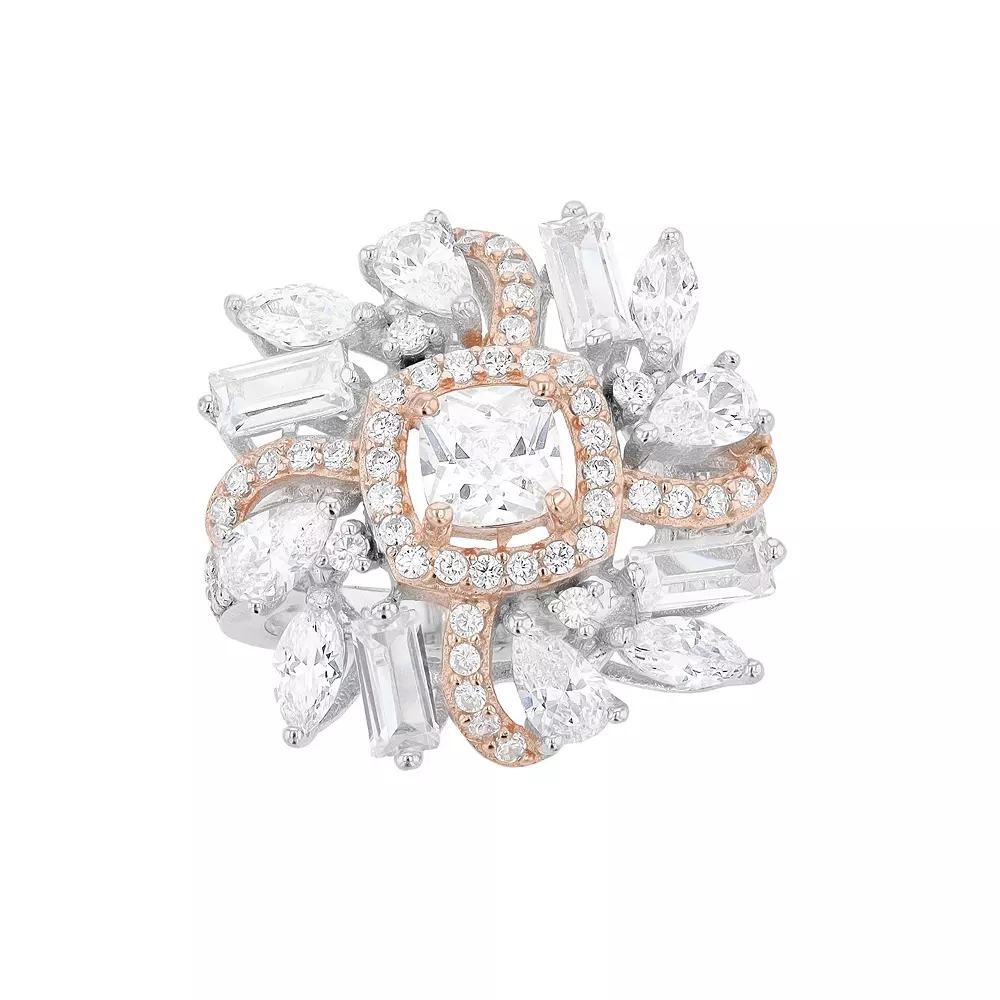 Two Tone Sterling Silver Cubic Zirconia Cluster Ring, Women's,  Product Image