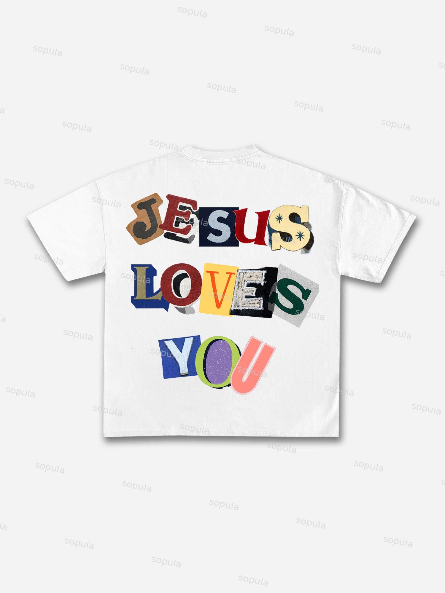 Jesus Loves You Collage Graphic Cotton T-shirt Product Image