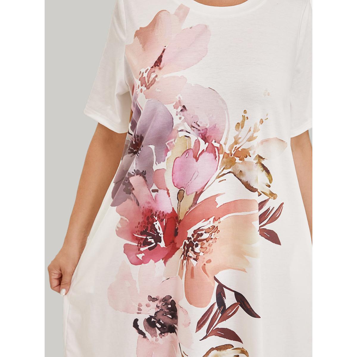 Plus Size Floral Print Pocket Contrast Midi Dress White Women Casual Pocket Round Neck Short sleeve Curvy Midi Dress BloomChic 12/L Product Image