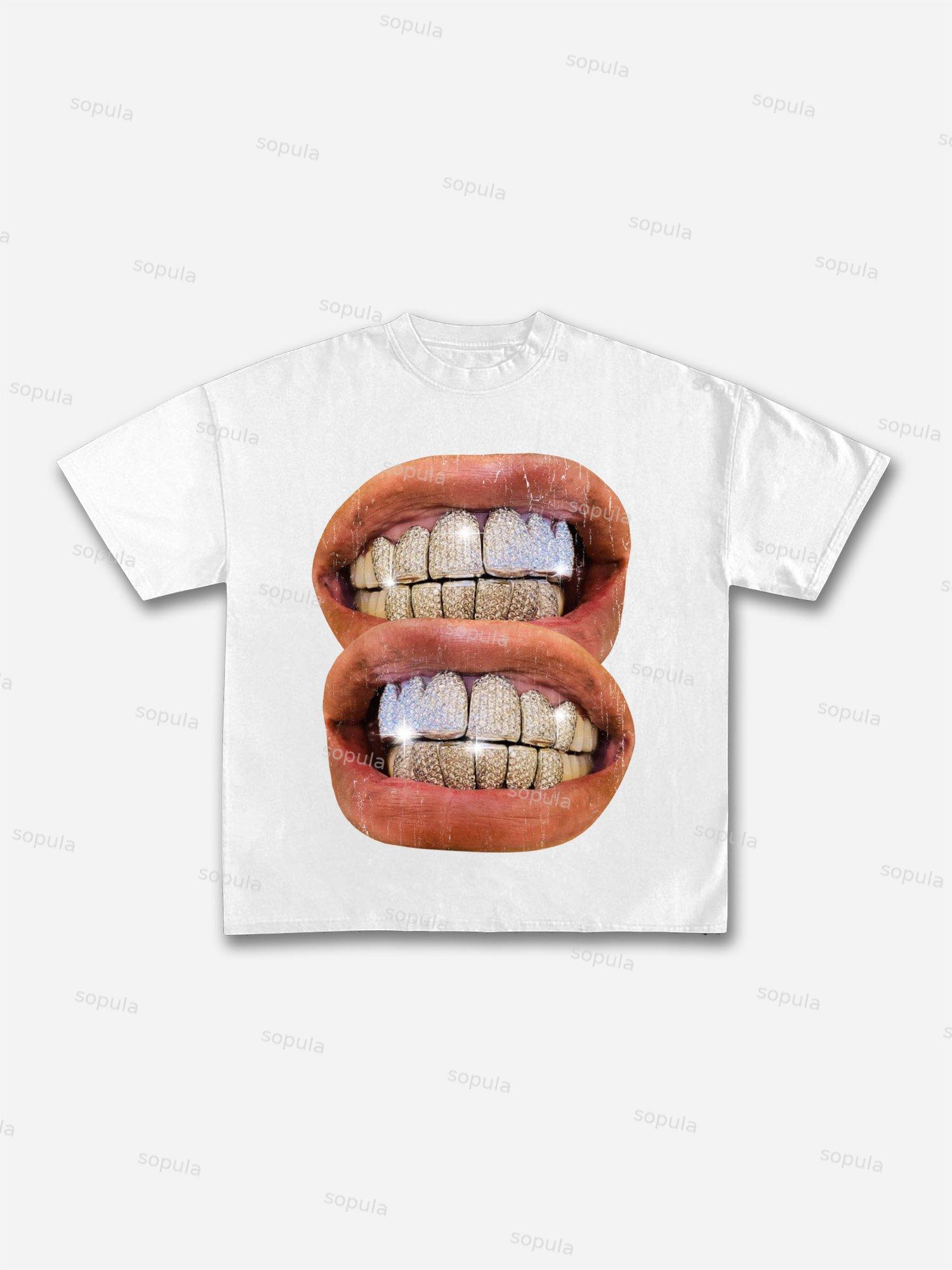 Street Vintage Diamond Braces Lip Graphic Cotton T-shirt Product Image
