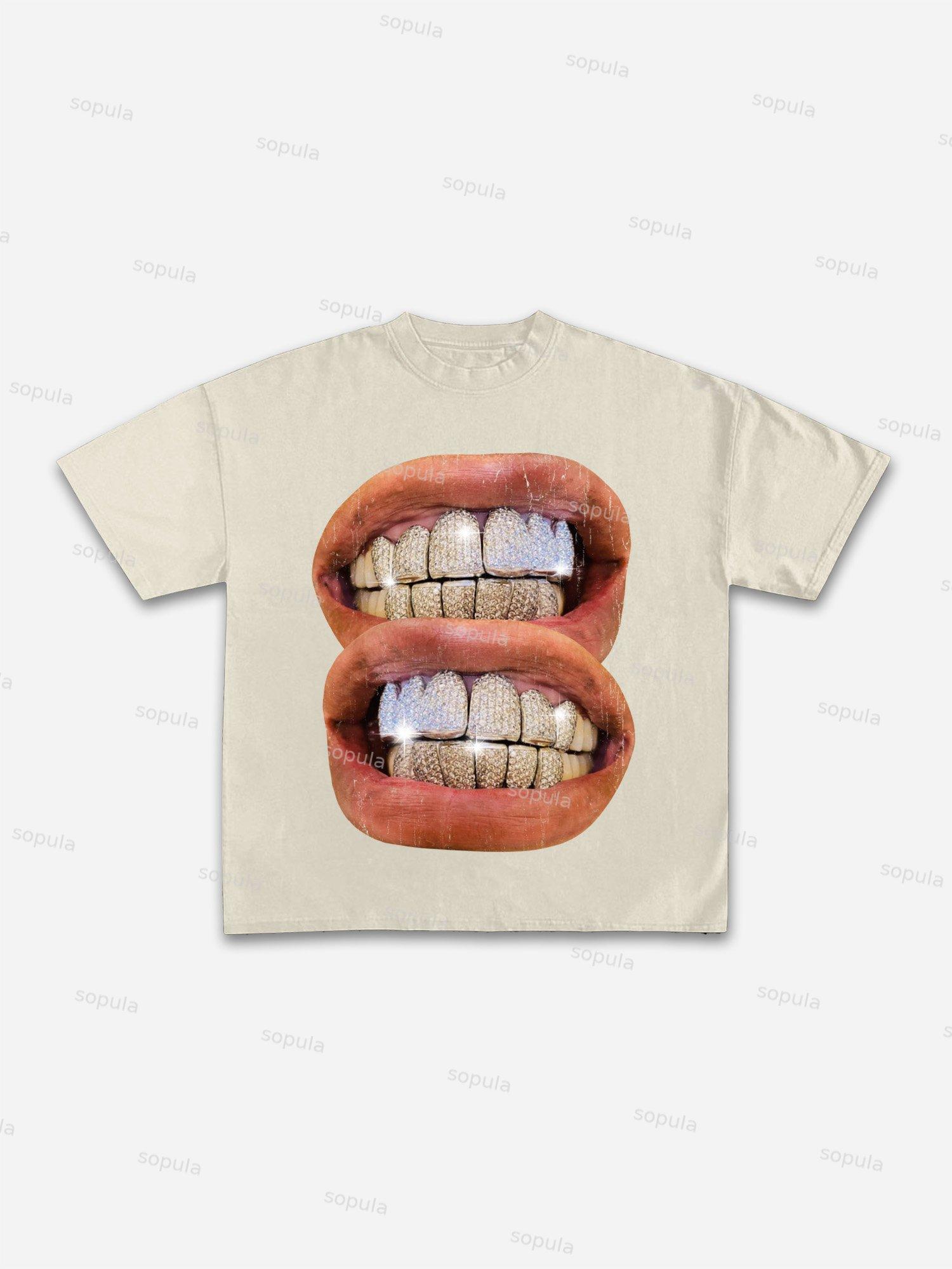 Street Vintage Diamond Braces Lip Graphic Cotton T-shirt Product Image