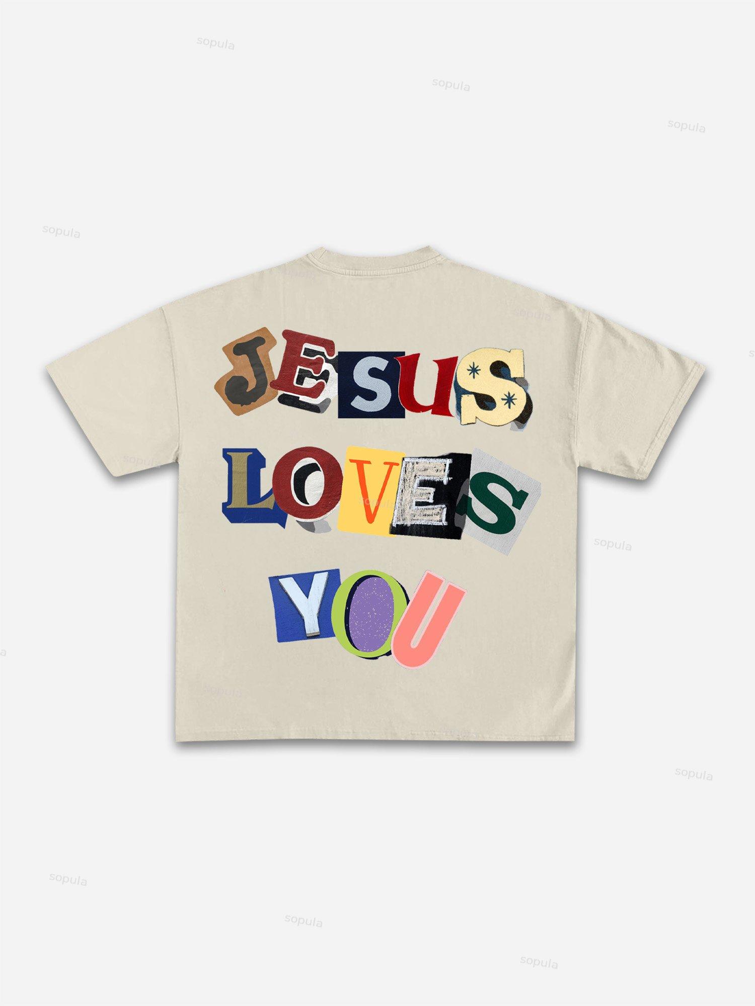 Jesus Loves You Collage Graphic Cotton T-shirt Product Image