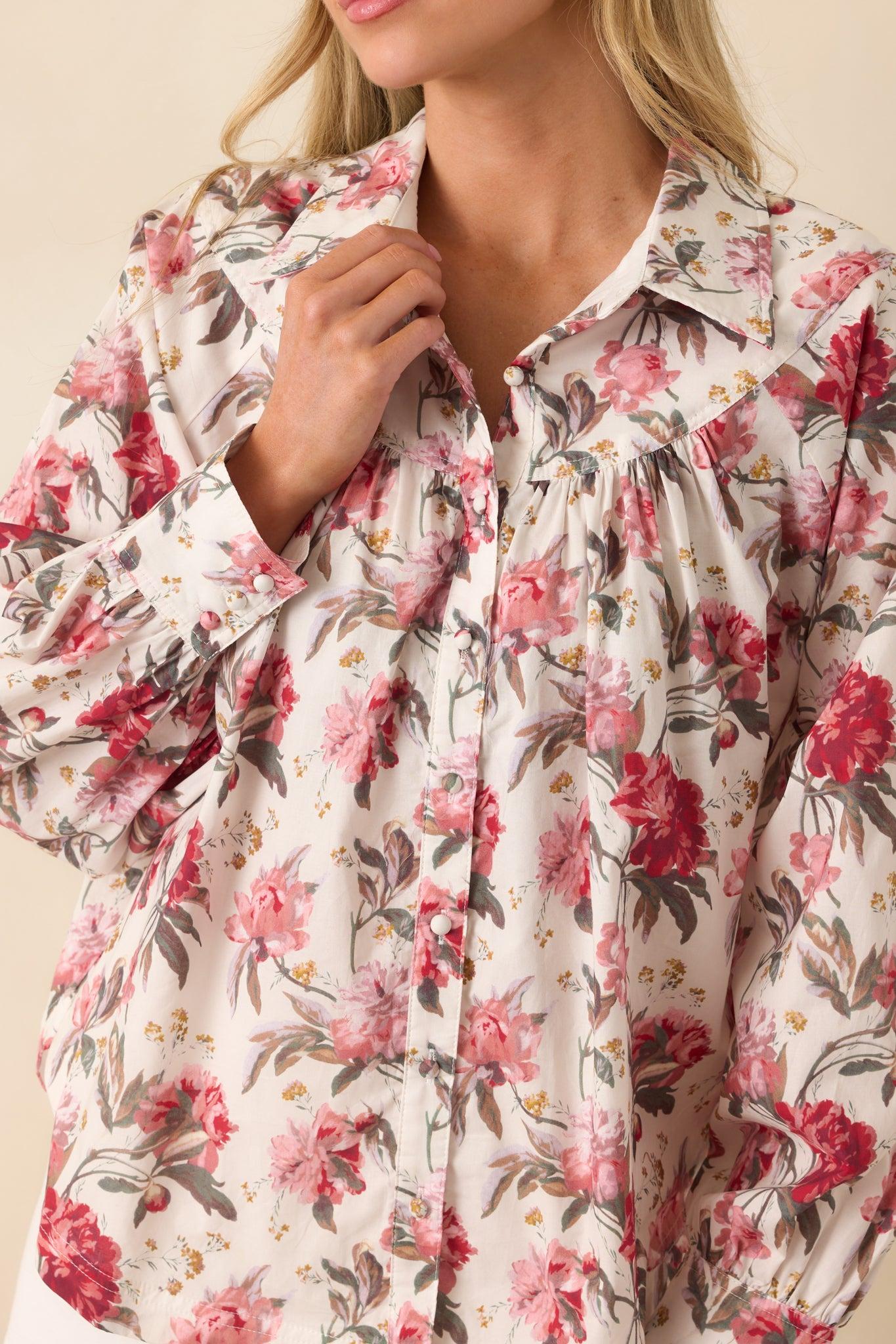 Exactly The Vibe Pink Multi Floral Print Cotton Button Front Top L / Pink Product Image