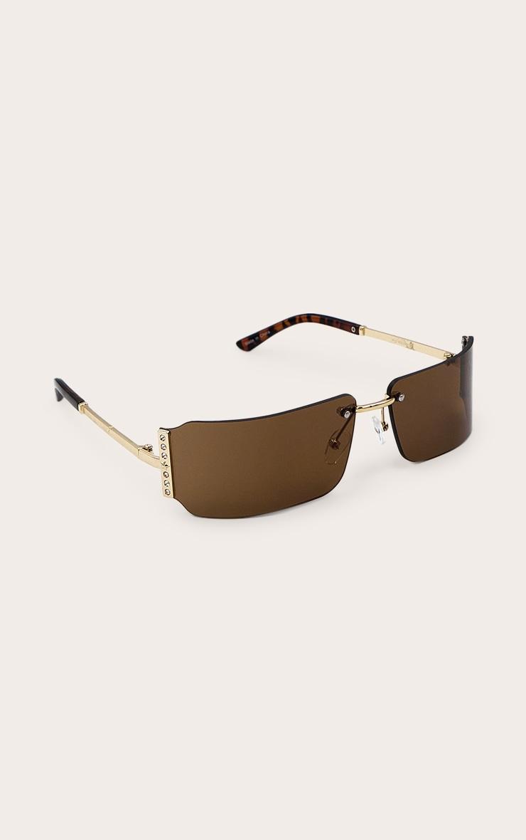 Brown Square Diamante Side Wrap Round Sunglasses Product Image