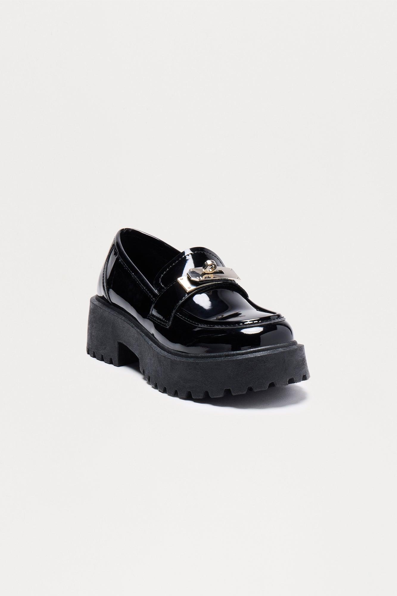 Melda Hardware Faux Patent Platform Loafers - Black Female Product Image
