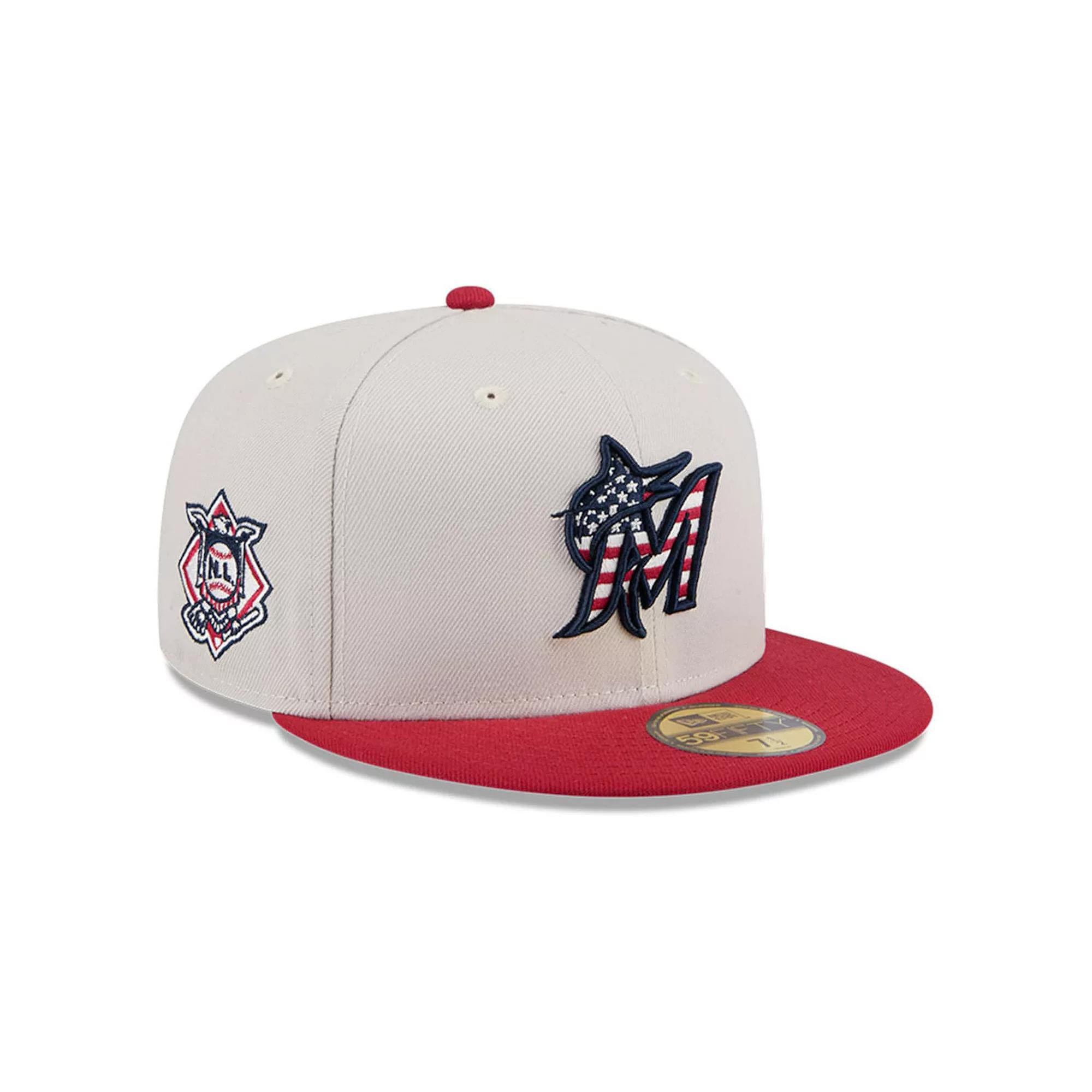 Men's New Era Khaki/Red Miami Marlins 2024 Fourth of July 59FIFTY Fitted Hat,  Product Image