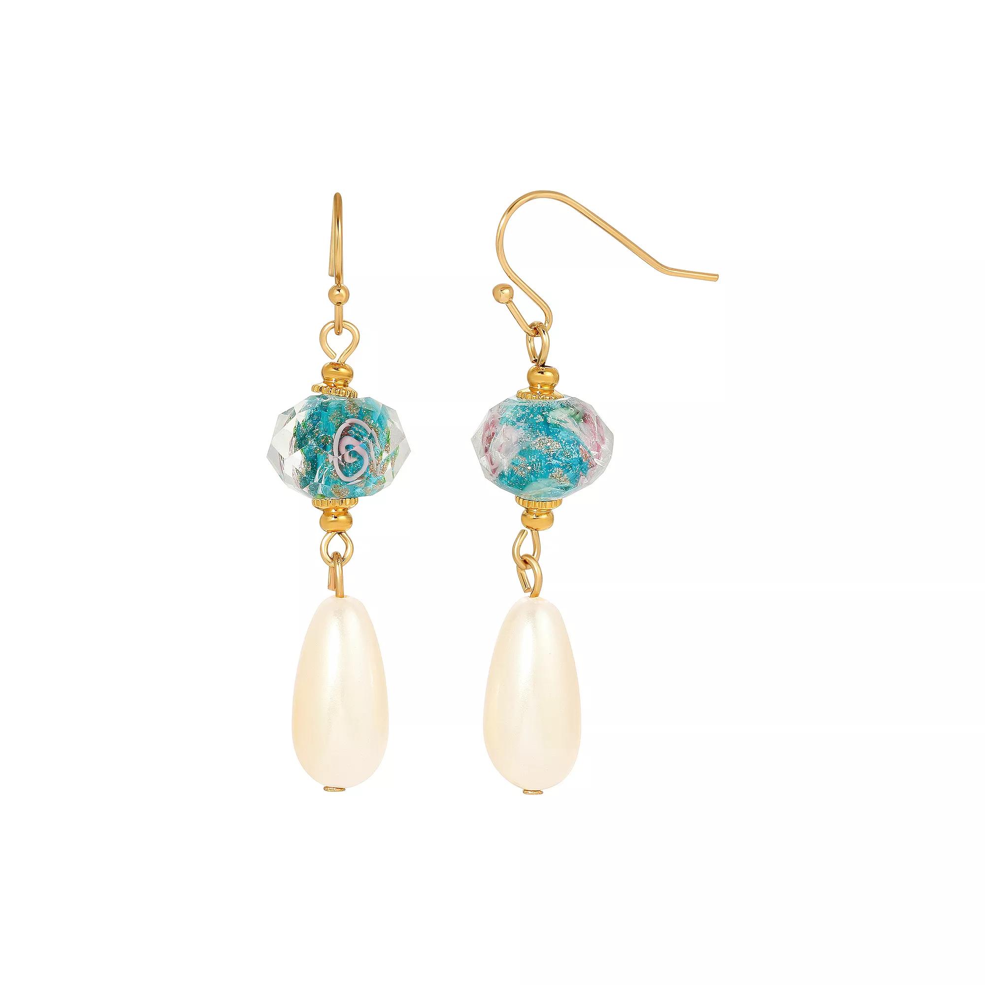 1928 Gold Tone Simulated Crystal and Pearl Drop Earrings, Women's, Blue Product Image