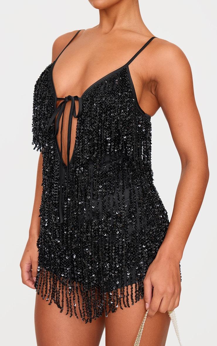 Black Premium Full Embellished Plunge Strappy Romper Product Image