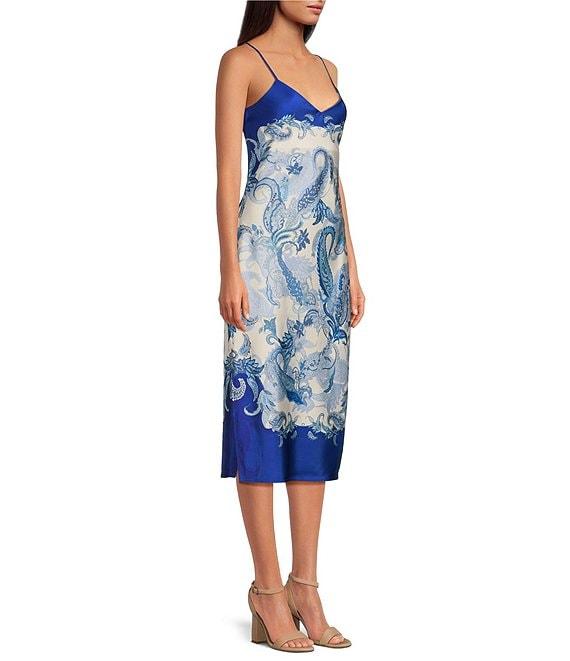 Gianni Bini Harper Satin Printed V-Neck Sleeveless Slip Midi Dress Product Image