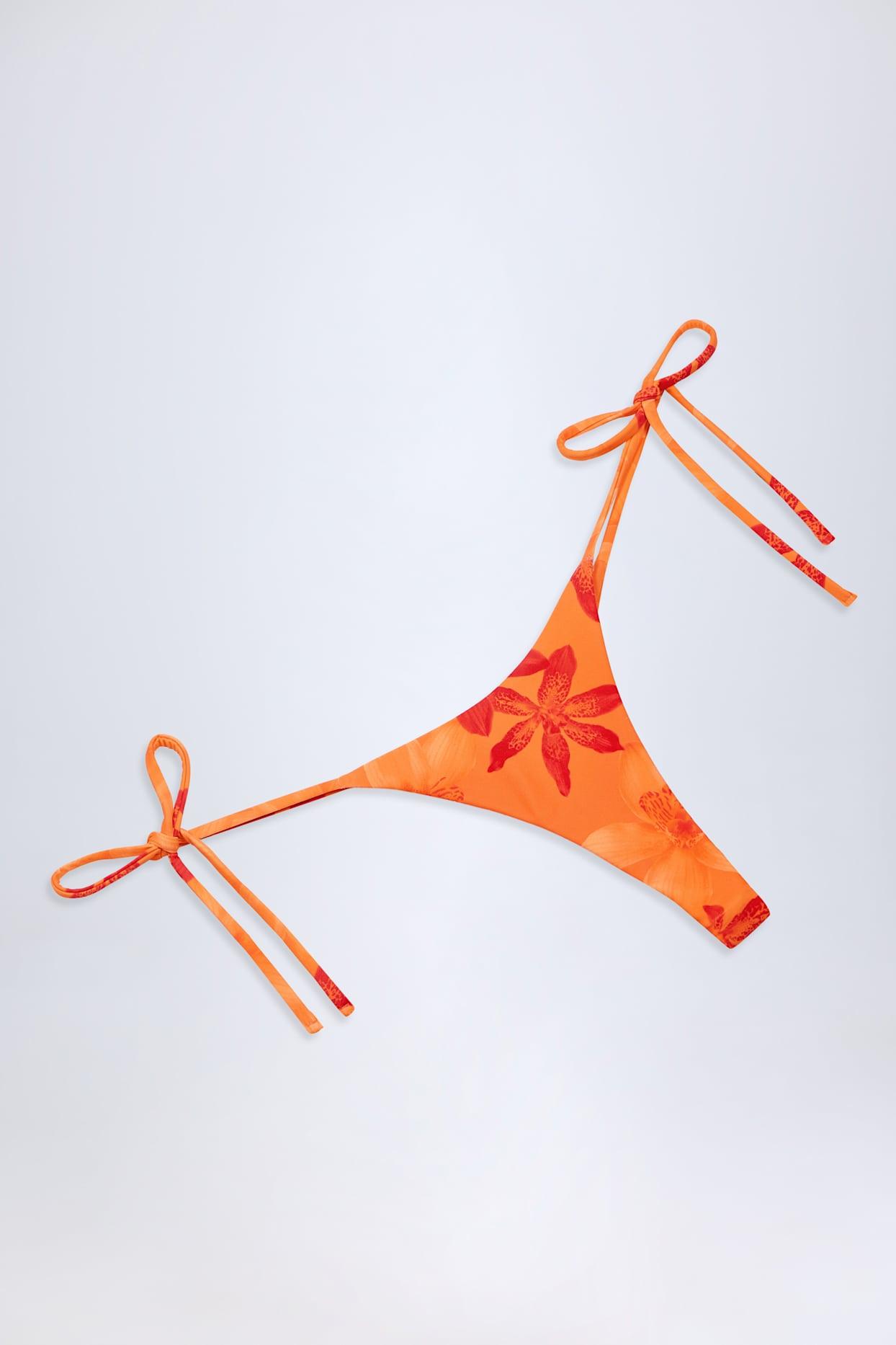 Side-Tie Thong Bikini Bottoms in Orange Orchid Print Product Image