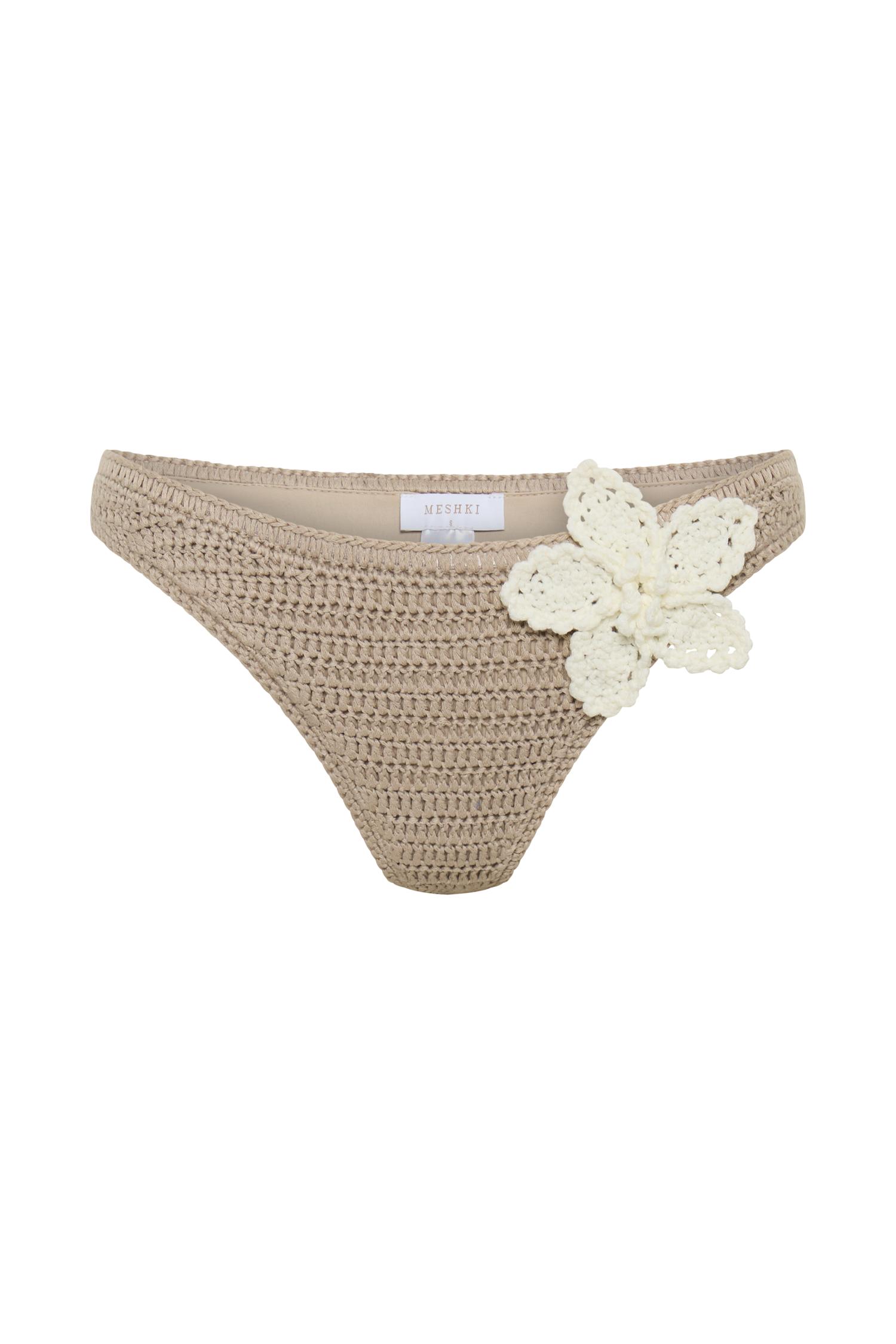 Skye Floral Crochet Tie Up Bikini Bottom - Taupe/White Product Image