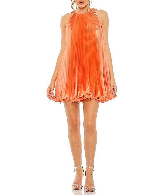 Mac Duggal Pleated Crew Neck Sleeveless Mini Trapeze Dress Product Image