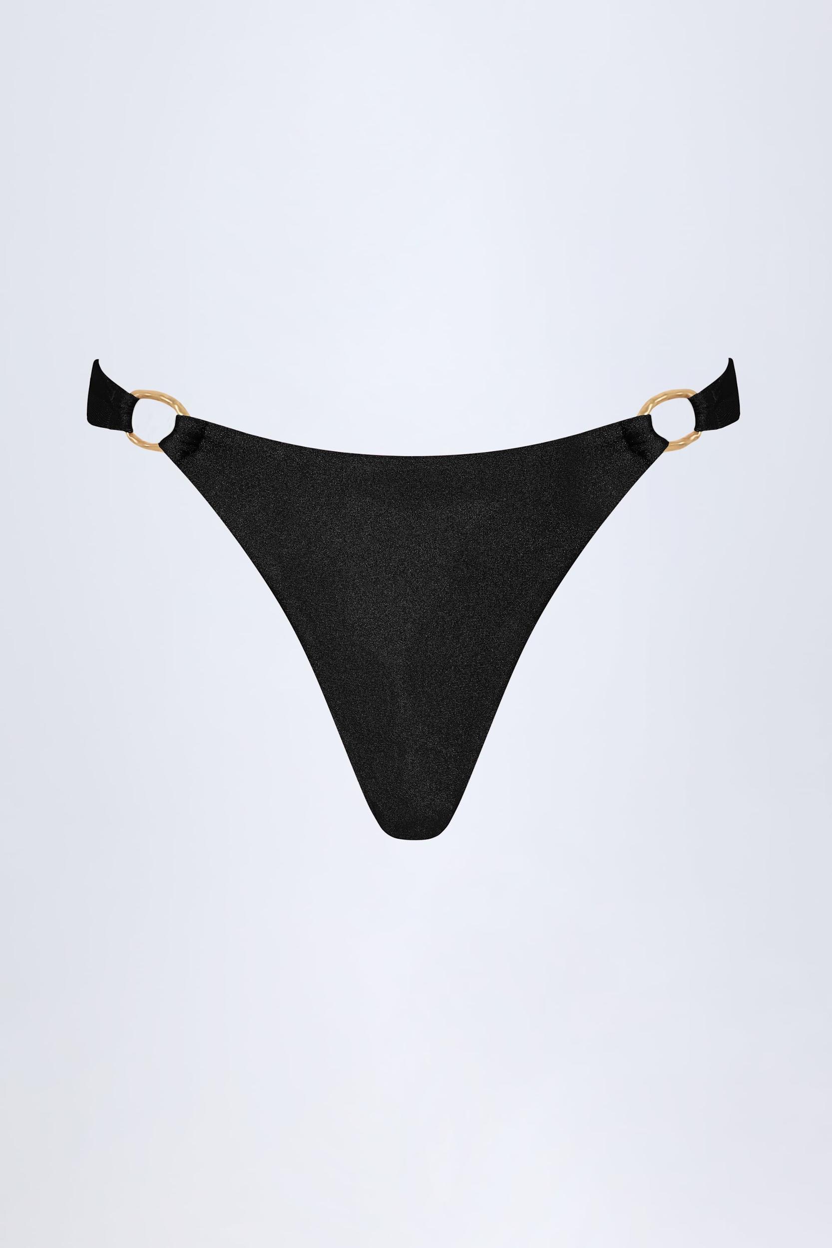 Hardware-Detail Thong Bikini Bottoms in Black Product Image