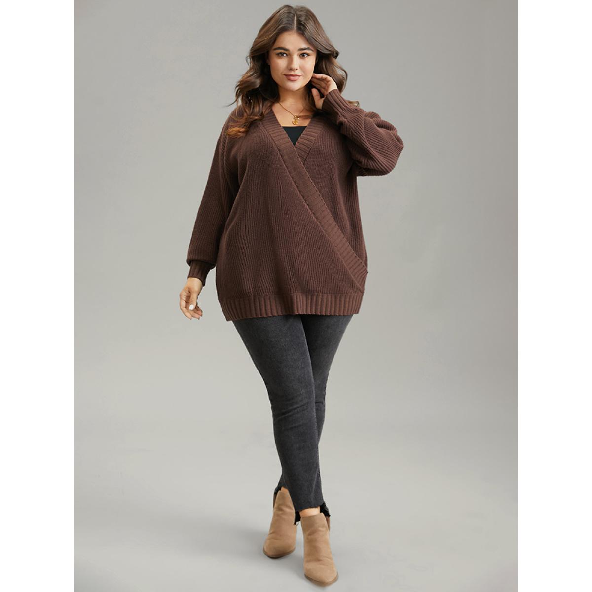 Plus Size Solid Surplice Neck Elastic Cuffs Pullover DarkBrown Women Casual Loose Long Sleeve V-neck Dailywear Pullovers BloomChic 18-20/2X Product Image