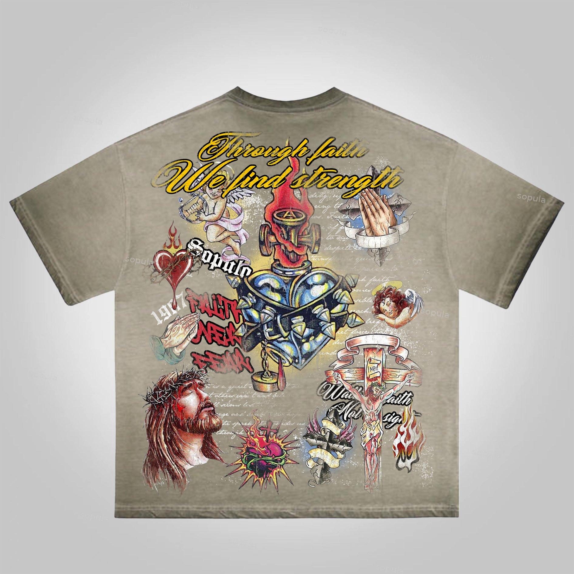 Sopula Faith In Jesus Collage Vintage Graphics Washed Cotton T-Shirt Product Image