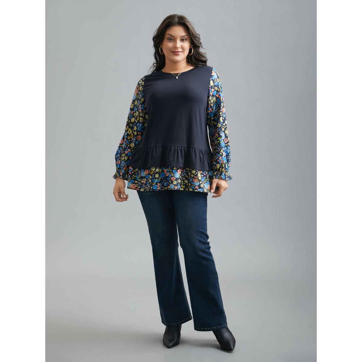 Plus Size Floral Spliced Tiered Hem T-Shirt Indigo Women Elegant Contrast Natural Flowers Round Neck Everyday T-shirts BloomChic 22-24/3X Product Image