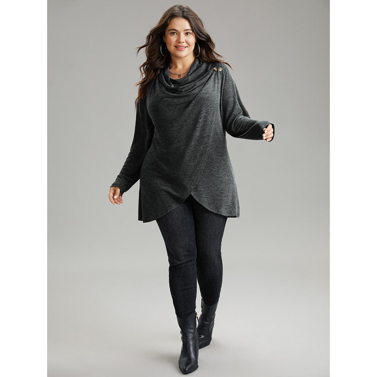 Plus Size Plain Heather Cowl Neck Button Detail Sweatshirt Women DarkGray Casual Overlapping Cowl Neck Everyday Sweatshirts BloomChic 10/M Product Image