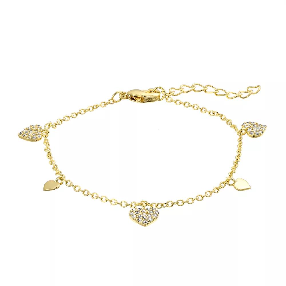 14k Gold Over Silver Cubic Zirconia Heart Charm Bracelet, Womens Gold Tone Product Image