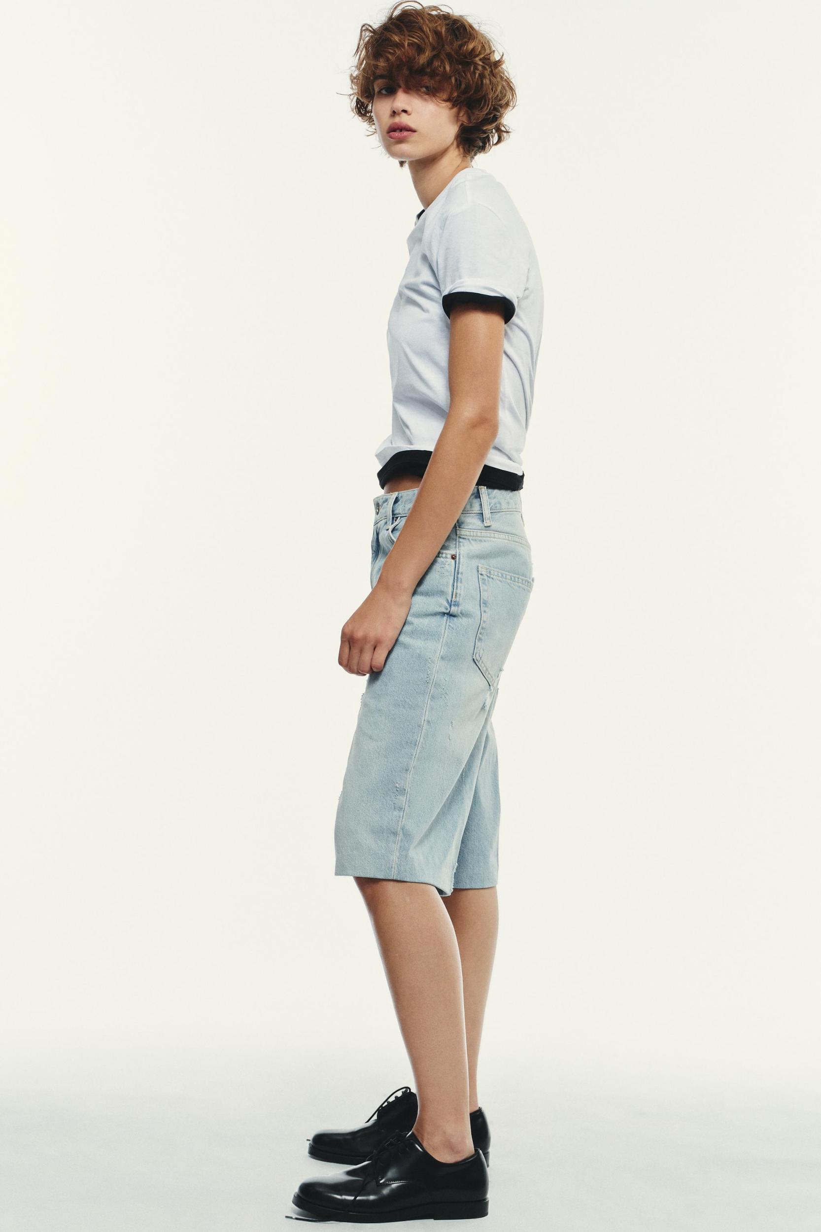 RIPPED MID-RISE TRF DENIM JORTS Product Image