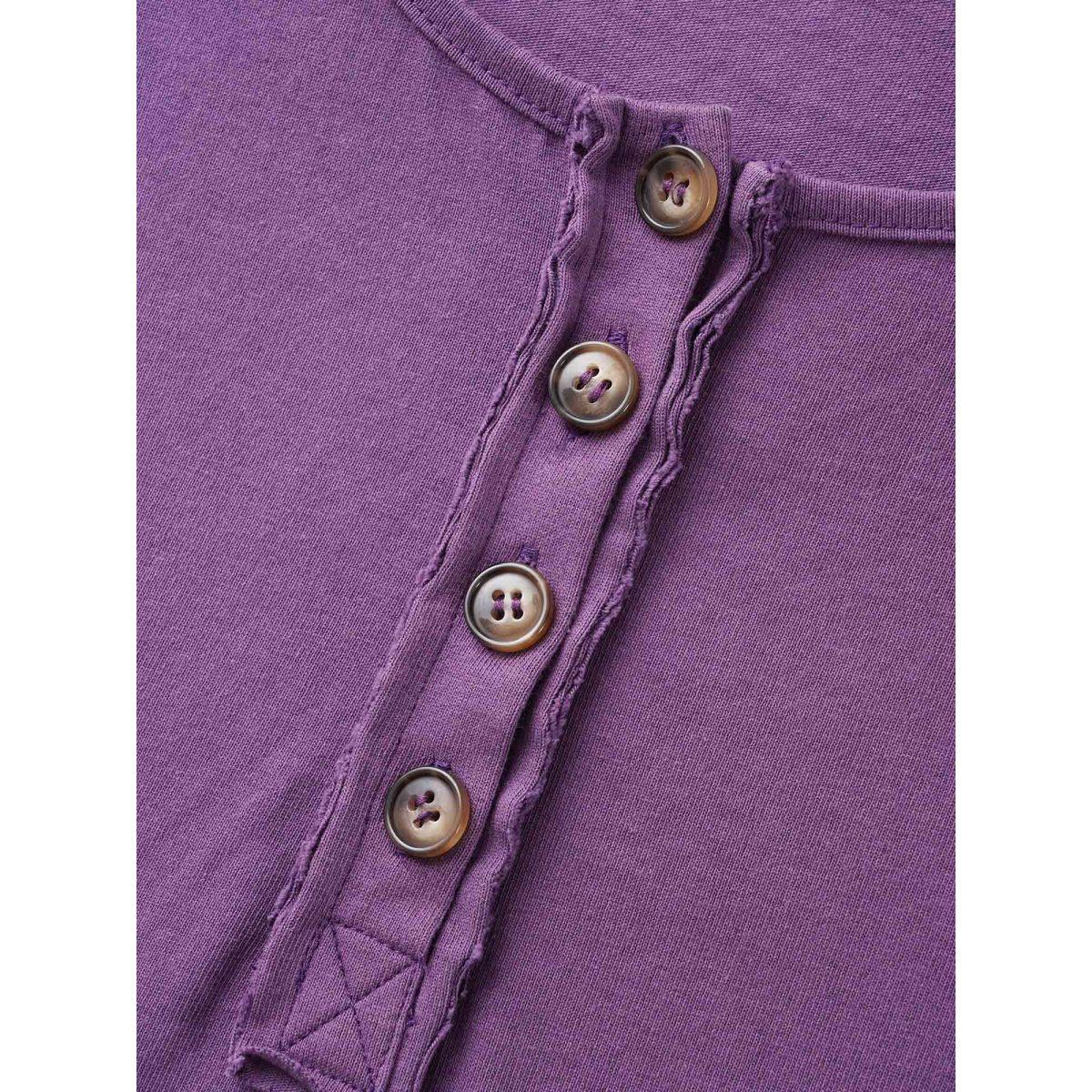 Plus Size Vintage Button Up Drop Shoulder T-shirt Deeppurple Women Casual Button Round Neck Everyday T-shirts BloomChic 14-16/1X Product Image