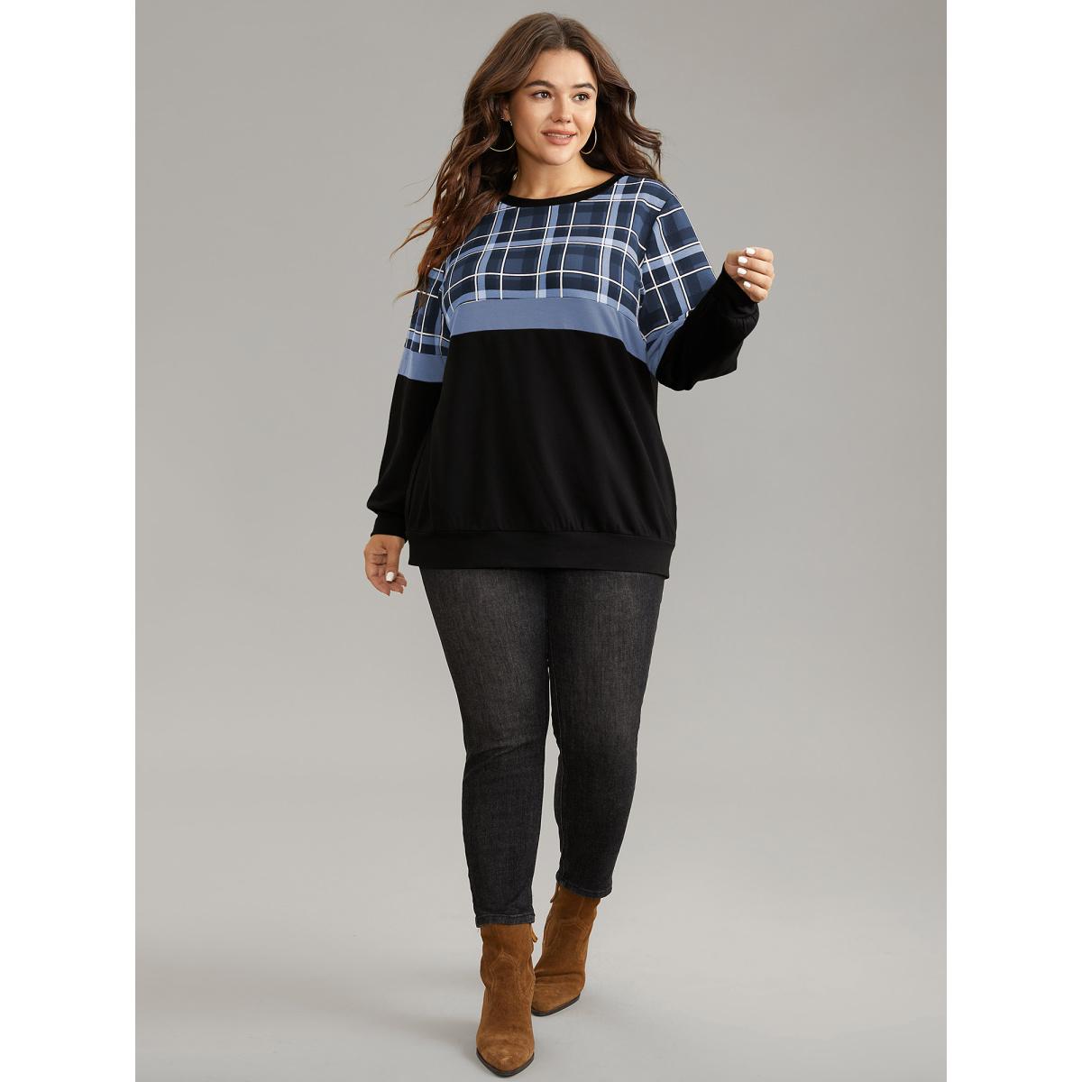 Plus Size Colorblock Plaid Contrast Crew Neck Sweatshirt Women Stone Casual Contrast Round Neck Dailywear Sweatshirts BloomChic 26/4X Product Image