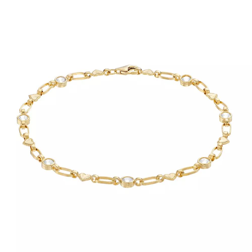 Kristen Kesho Sterling Silver Lab-Created White Sapphire Heart Link Bracelet, Women's, Size: 7.5", Gold Tone Product Image